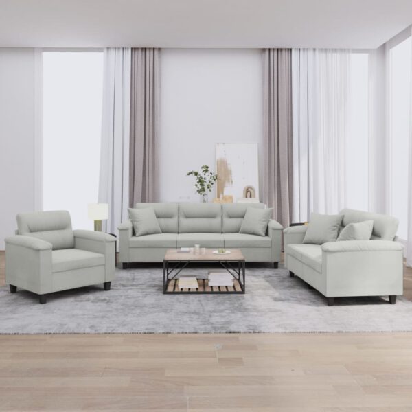 vidaXL 3-delige Loungeset met kussens microvezelstof lichtgrijs