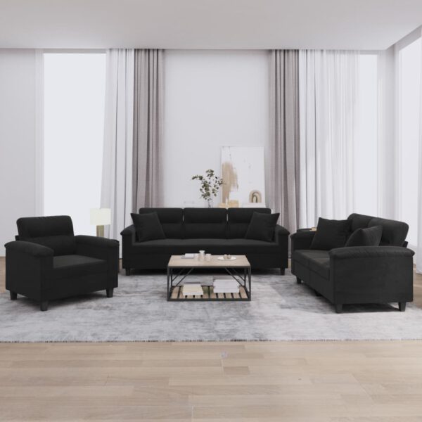 vidaXL 3-delige Loungeset met kussens microvezelstof zwart