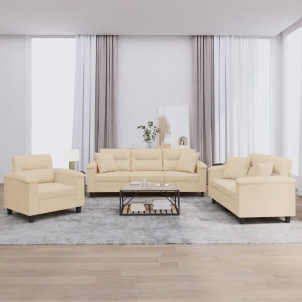 vidaXL 3-delige Loungeset met kussens microvezelstof cr猫mekleurig
