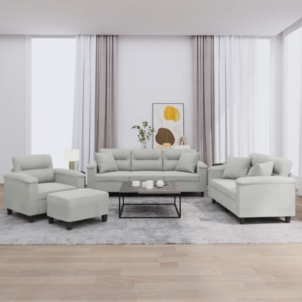 vidaXL 4-delige Loungeset met kussens microvezelstof lichtgrijs
