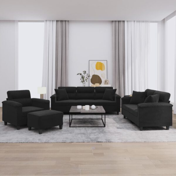 vidaXL 4-delige Loungeset met kussens microvezelstof zwart