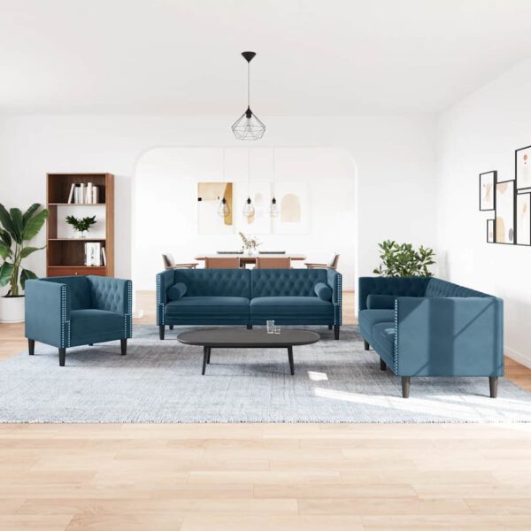 vidaXL 3-delige Loungeset Chesterfield met bolsters fluweel blauw